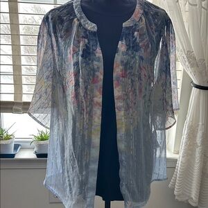 Chico's Cascading Watercolor Floral Blouse with Silver Sparkle Stripes
